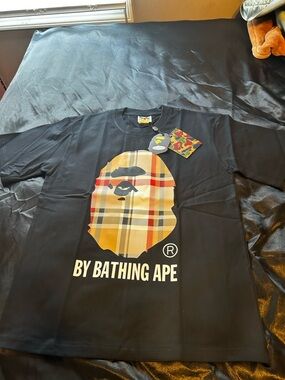 Bape Black Tee with Yellow Plaid Ape Head Graphic
